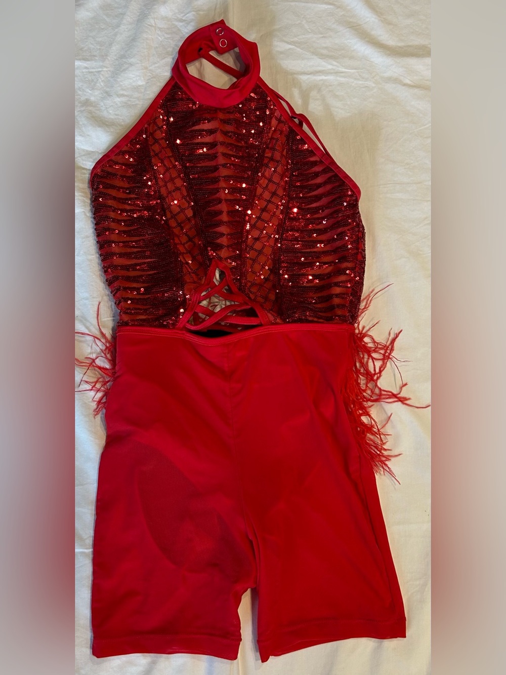 Red Sequin Halter Dance Costume with Feather Accent